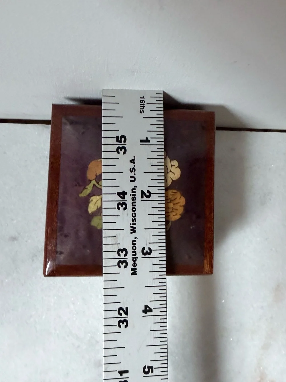 vintage Italian lacquered wood trinket box intricate floral marquetry inlay.